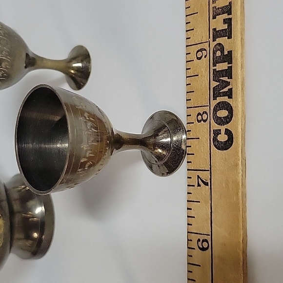 Vintage Brass Pewter Middle Eastern Etched Engraved Pot Plus (6) Goblets - Picture 3 of 10